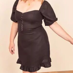 Reformation Seattle Black 100% Linen Mini Dress Size: 20 Ruffle Ruched Backing